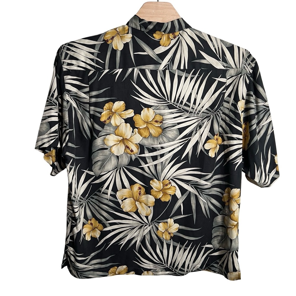 Tommy Bahama Mens XL Silk Hibiscus Palm Print Camp Shirt Black Gold 03-T3471